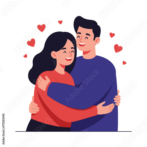 Romantic Couple Embracing with Heart Symbols