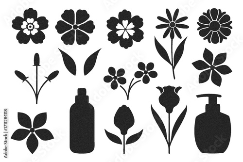 Collection of flower and cosmetic icons includes various flower shapes, leaves, buds, and cosmetic bottles with pump dispensers