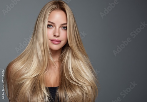 Beautiful woman with long straight hair. Blond girl