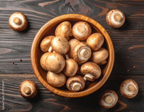 A pile of mushrooms in a bowl. on a wooden table. top view