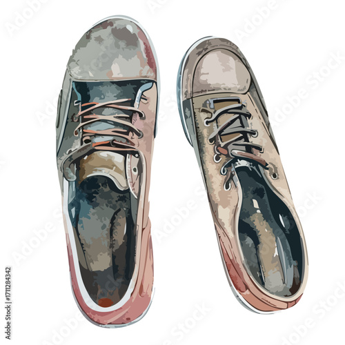 Watercolor of Two Worn Sneakers In Earthy Tones With Lace Detailing On Isolated Background