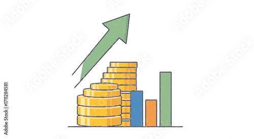 Dynamic financial growth concept illustrating increasing wealth with rising golden coin stacks, a prominent upward arrow, and informative bar charts for business success