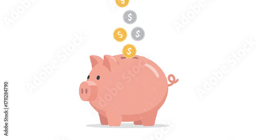 Illustration of gold and silver coins dropping into a pink piggy bank, symbolizing financial savings, smart investment, wealth accumulation, and future economic security