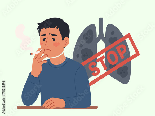 Man Smoking Cigarette with Lung Illustration and Stop Sign Simple Vector
