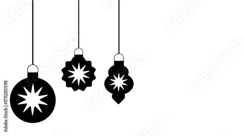 Vector Silhouettes of Hanging Christmas Ornaments on White Background. Festive Holiday Decoration Elements 