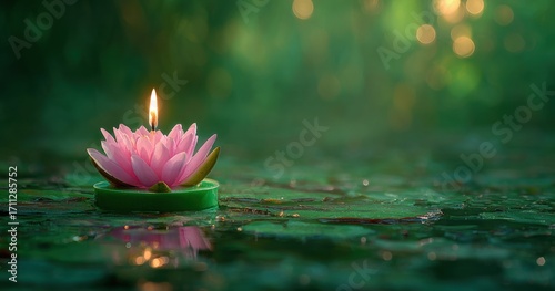 Glowing candle floats on lily pads, in tranquil pond, bokeh lights in leafy background. The scene evokes calm & warmth with soft natural light
