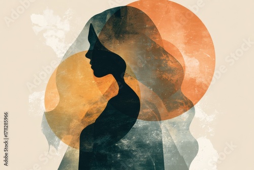 Cinematic silhouette of young female with abstract overlapping circles