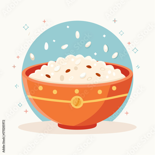Bowl of white rice with scattered grains in a vibrant blue circular background with sparkles