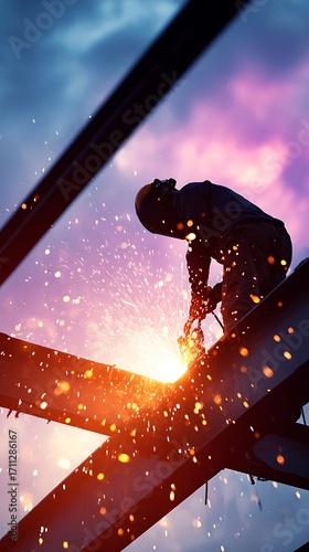 A skilled worker in protective gear welding a steel beam with sparks flying.