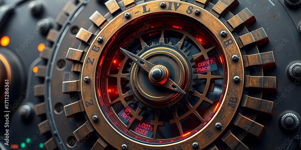 Naklejka premium Steampunk-inspired gear interface, intricate clockwork mechanism displaying digital data, information, data