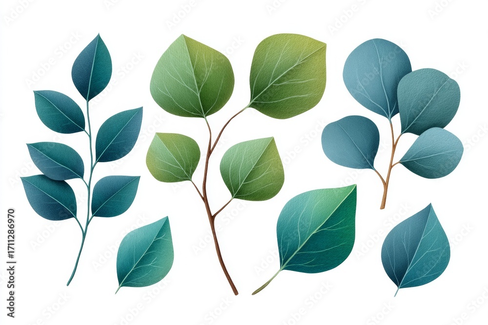 Obraz premium Elegant green and blue leaves illustration on white background