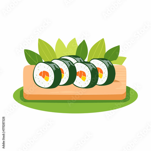 Delicious maki sushi rolls with salmon and tropical fruit, beautifully illustrated on a wooden board. Ideal for healthy Asian cuisine and culinary designs