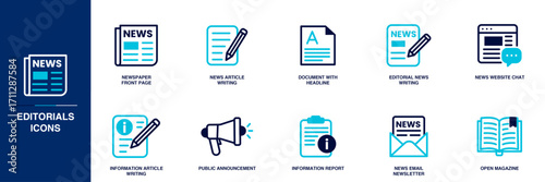 Editorials Blue Colored Outline Icon Set
