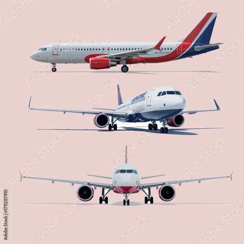 Airbus A320 Family Vector Illustration of Passenger Airplane Views