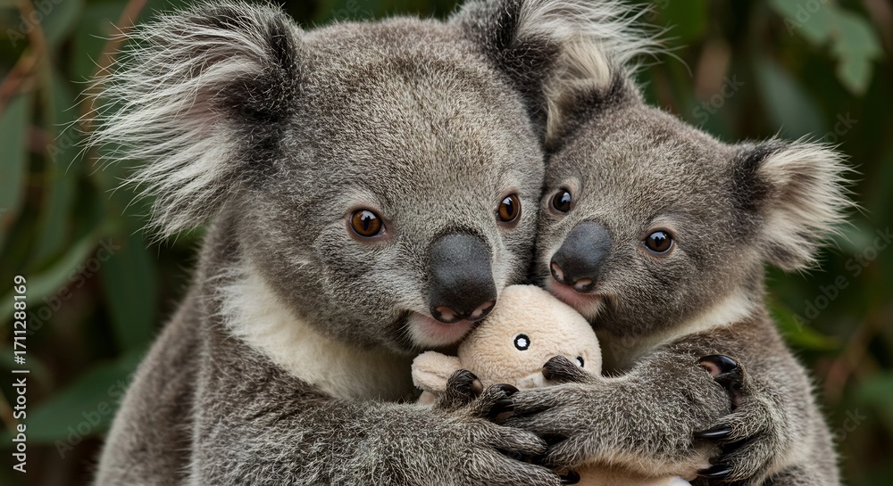 Obraz premium Adorable koala mother gently cradles her joey soft sunlight bathes them in warmth. AI Generated