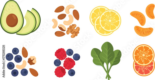 Vibrant Flatlay of Healthy Foods Avocado Nuts Citrus Berries and Spinach.