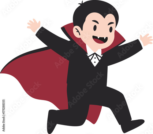 Cartoon Vampire Child Running in Halloween Costume.