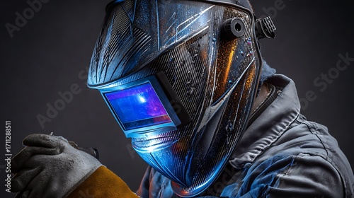 A detailed image of a welding mask with a glowing blue light, showcasing the intricate details of the mask and the welding process.