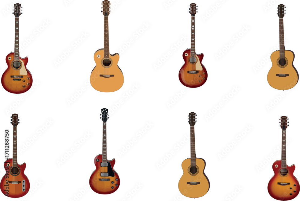 Naklejka premium Set of musical instruments with different types of guitars including classical acoustic and electric styles