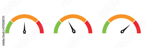 Low Medium High Colour Speedometer Vector Set — Dashboard Tachometer and Performance Indicator Icons.