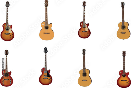 Set of musical instruments with different types of guitars including classical acoustic and electric styles