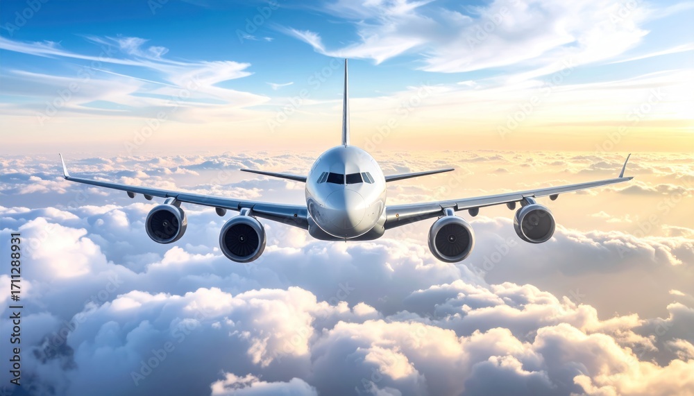 Obraz premium Passenger aircraft soars above fluffy clouds at sunset, a head-on view showing wings and engines against a soft blue sky