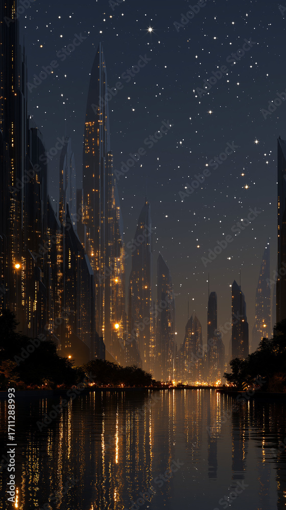 Fototapeta premium City of Dreams: A futuristic city skyline gleams under a starlit night sky, with skyscrapers rising majestically and their reflections mirrored in the tranquil water.