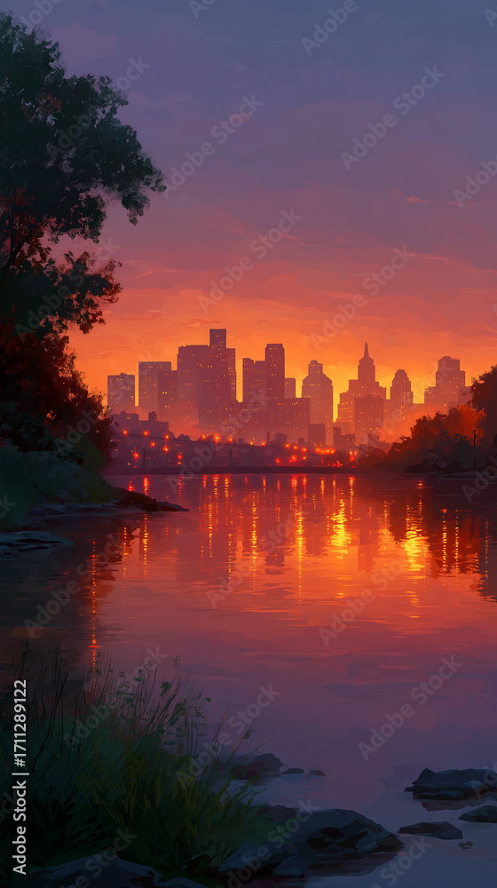 Naklejka premium Cityscape Sunset Reflections: A stunning view of a city skyline is bathed in the warm hues of a sunset, the colorful sky beautifully reflected in the calm water below.