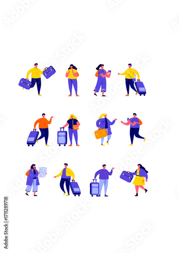 Set of flat people couple family travelling with backpacks characters..ai