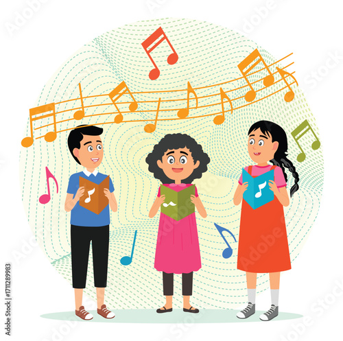 Singing song together concept. Little kids singers in choir.