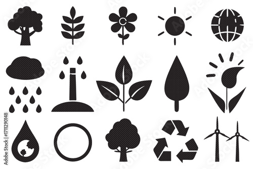 Black and white icons representing ecology, nature, and environmental conservation