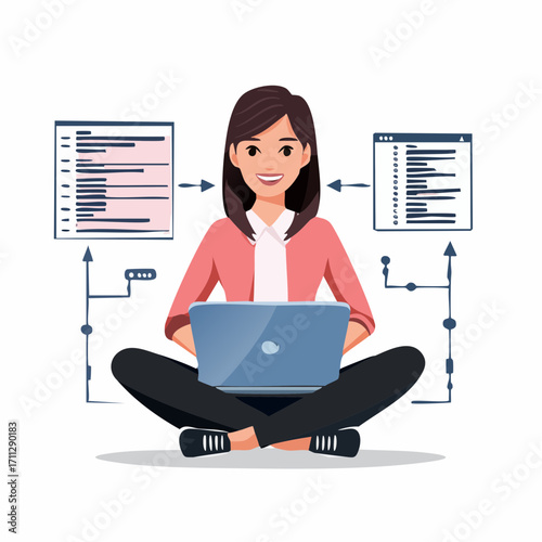 Engineer and developer with laptop and tablet code. Cross-platform development, cross-platform operating systems and software environments concept. Pinkish coral bluevector isolated illustration