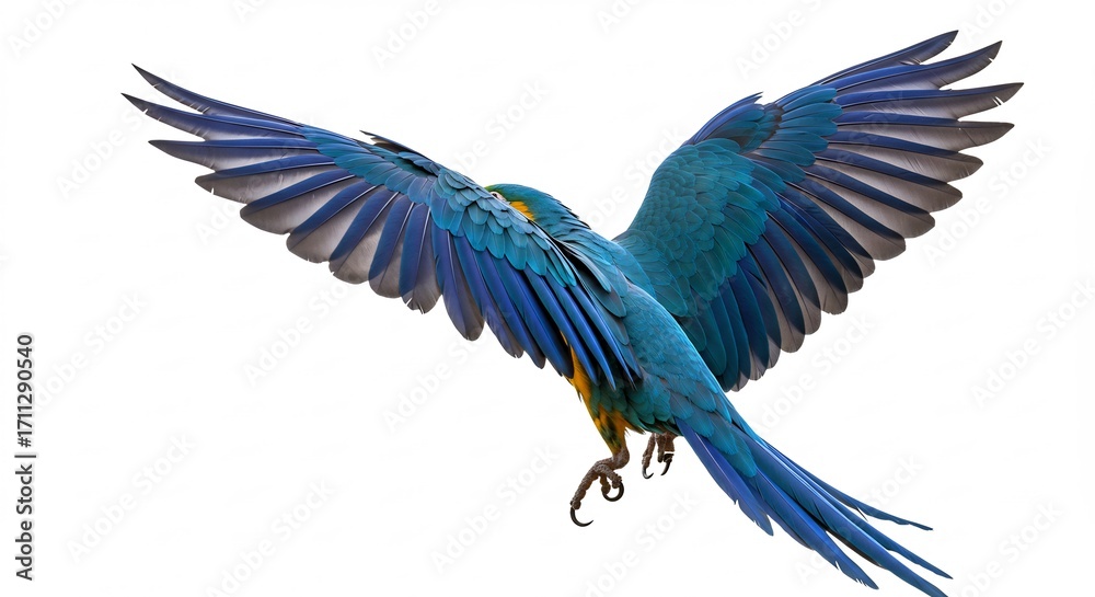 Obraz premium Vibrant Blue Macaw Soaring Gracefully Against White Background. AI Generated