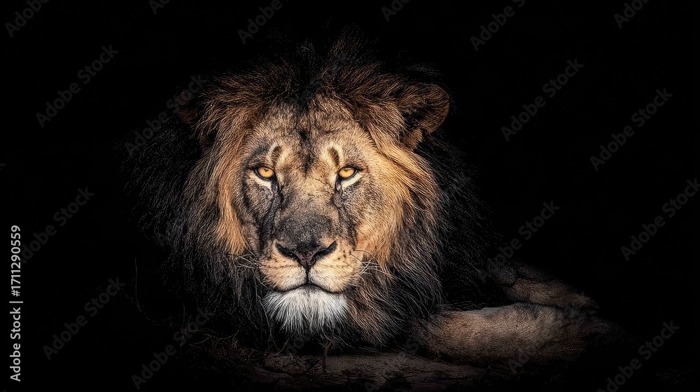 Fototapeta premium Lion, illuminated by a spotlight, in the dark