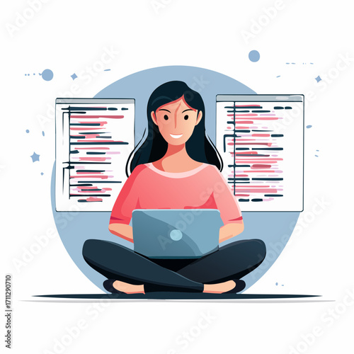 Engineer and developer with laptop and tablet code. Cross-platform development, cross-platform operating systems and software environments concept. Pinkish coral bluevector isolated illustration