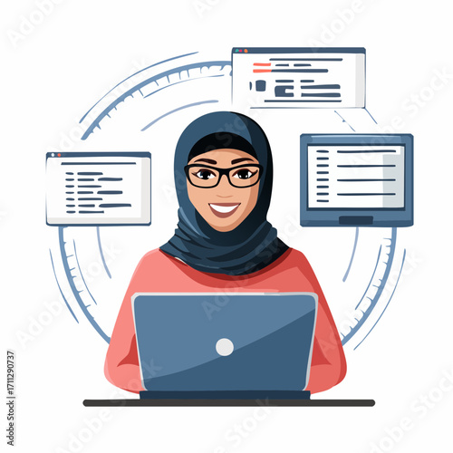Engineer and developer with laptop and tablet code. Cross-platform development, cross-platform operating systems and software environments concept. Pinkish coral bluevector isolated illustration
