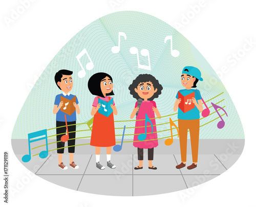 Joyful Children concept. Boys and Girls Singing Songs With Pure Enthusiasm.