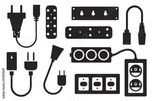 Black and white icons representing electrical plugs, outlets, and power strips