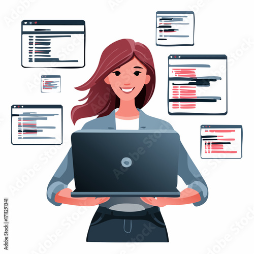 Engineer and developer with laptop and tablet code. Cross-platform development, cross-platform operating systems and software environments concept. Pinkish coral bluevector isolated illustration