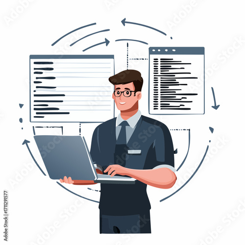 Engineer and developer with laptop and tablet code. Cross-platform development, cross-platform operating systems and software environments concept. Pinkish coral bluevector isolated illustration