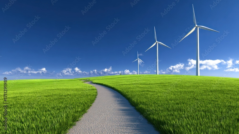 Obraz premium Three wind turbines standing on a grassy hill with a clear blue sky in the background.