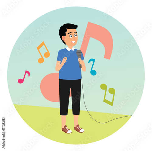 Singing Boy with Microphone and Musical Notes.