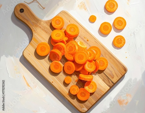 Overhead view of freshly sliced organic carrots on cutting board