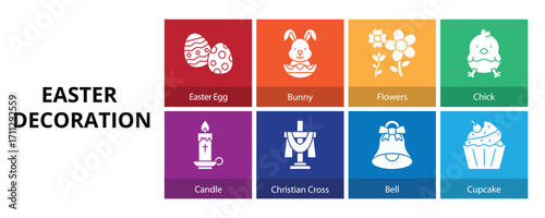 Easter Decoration Glyph Solid Banner Web Icon Set Vector Illustration, Easter Egg Bunny Flowers Chick Candle Christian Cross Bell Cupcake 