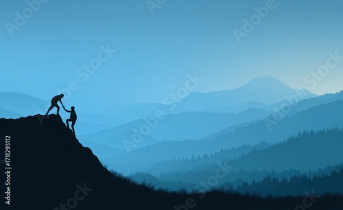 A silhouetted person helps another ascend a steep mountain peak, against a backdrop of layered blue mountains and a fading sky