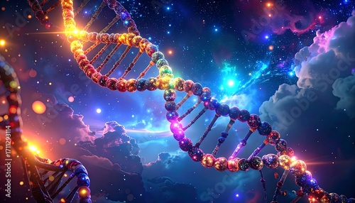 A swirling, colorful double helix against a vibrant, starry cosmic background, hinting at the mysteries of life and creation