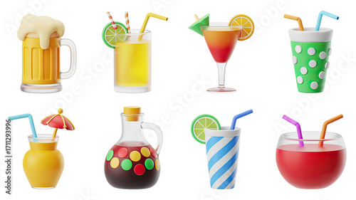 Tropical Drinks 3D Render Set Beer Juice Cocktail Lemonade Umbrella on Transparent