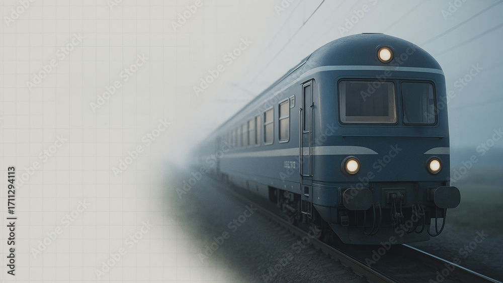 Naklejka premium Misty Railway Journey: A lone passenger train steams its way through a tranquil, atmospheric landscape blanketed in a soft, ethereal fog, evoking feelings of travel and adventure.