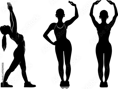 Athletic people silhouettes doing fitness exercises workout poses aerobics dance movements