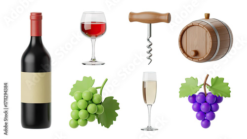 Alcoholic Beverages 3D Rendering Set Bottle Glass Corkscrew Barrel Grapes Champagne